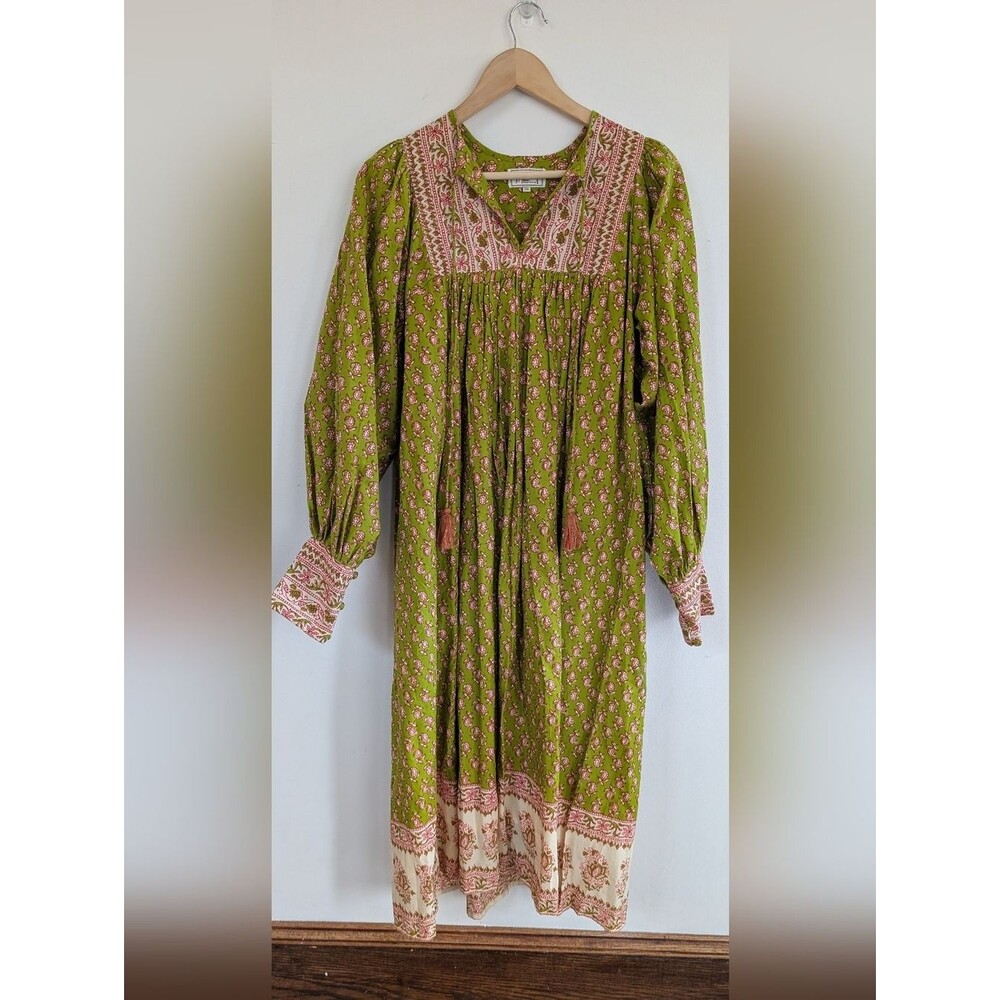 Mille Resort Michelle Bohemian Floral Long-Sleeve Midi Dress Green Orange XS